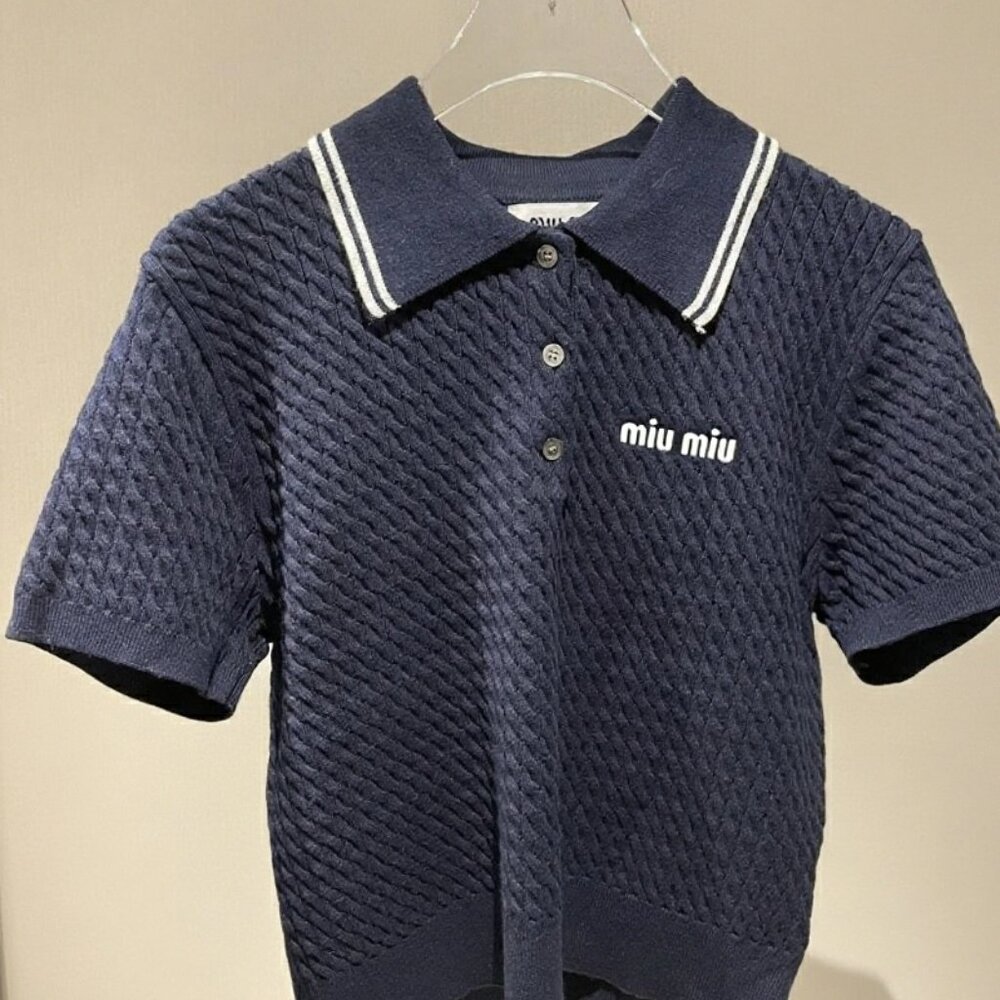 MIUMIU Women's Straight Short-Sleeve Polo Shirt with Embroidered Logo and Button